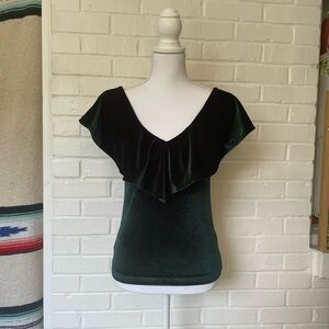 FRNCH Emerald Green Ruffled Cap Sleeve Fitted Blouse Women’s Size XS Velvet